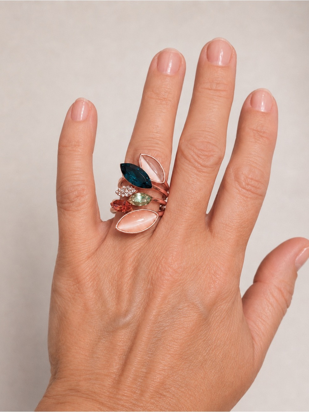 Rose Gold Multi-Stone Leaf Stack Ring in Blue, Pink and Green 18k over copper